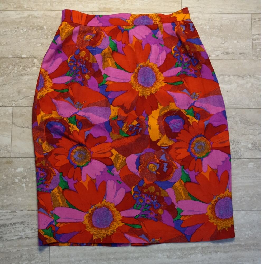 VTG silk red pink floral zipper back‎ pencil skirt SIZE 6